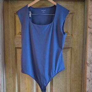Nine West Blue Sleeveless Thong Bodysuit Snap Crotch XL Polyester Spandex Blend
